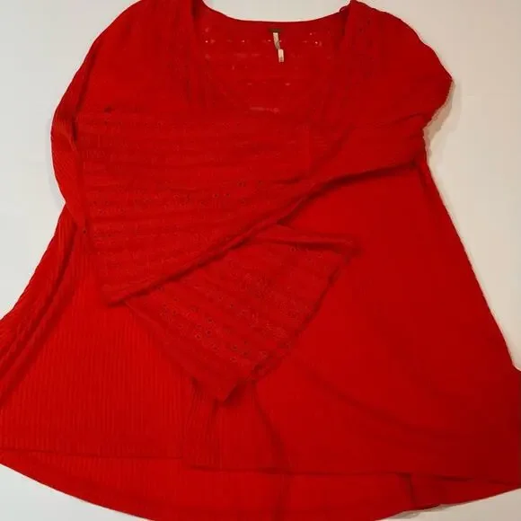 Free People Partisan Boho Red Ribbed Bell Sleeve Embroidered Blouse - XS - Picture 5 of 9